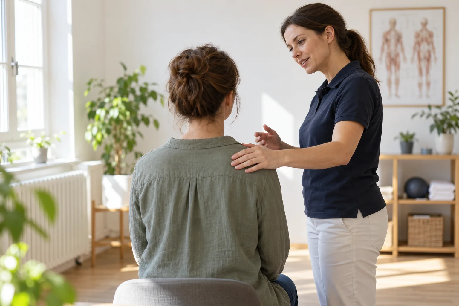 A therapist talking with a seated visitor about comfortable pressure